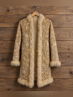 Rare Vintage Mongolian Style Embellished Cream Fur-Trimmed Women's Coat